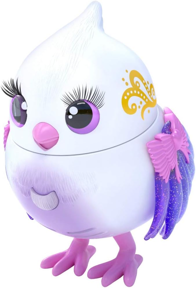 Little Live Pets Bird Tweeterina toy, white with purple wings and pink feet, featuring large eyes with eyelashes and a small pink beak.