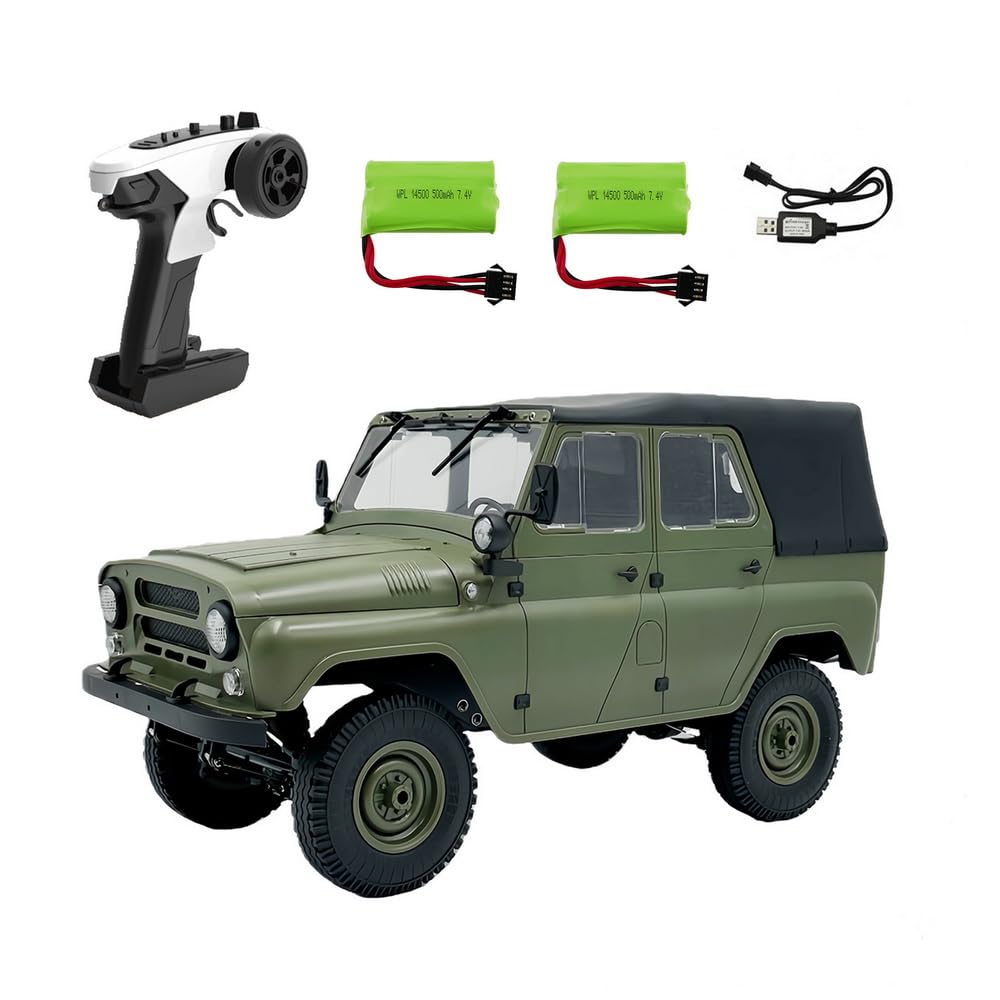 1/12 2,4-GHz-UAZ-469 WPL C94 4WD RC-Offroad-Crawler Mit Realitätsgetreuer Lenkung, Zwei Akkus, Einer Klappbaren Windschutzscheibe Und Einem Abnehmbaren Dachzelt (grün/RTR)