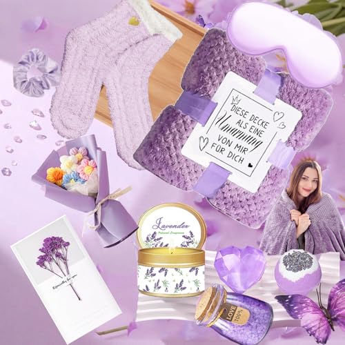 Geschenke für Frauen,GeburtstagsGeschenkset für Frauen Beste Freundin Frau Mama Kollegin Schwester mit Wellness 40 OZ Edeltahl Weinbecher Decke13tlg Bathsduft Geschenkbox