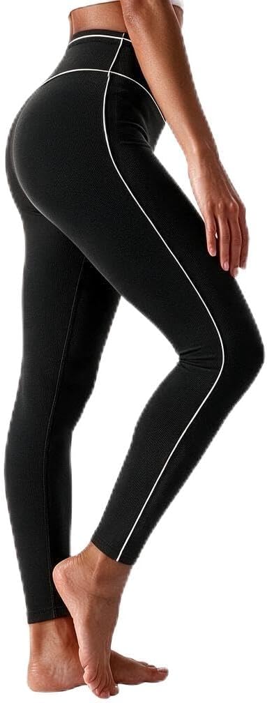 Aoysky Womens High Waist Leggings Contrast Piping No Front Seam Yoga Pants