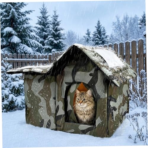 Niche pour chat d'extérieur camouflage avec tapis isolé pliable