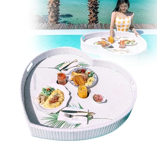 Bandeja flotante en forma de corazón con asas, mesa de piscina de ratán, marco de aleación de aluminio + espuma flotante, fácil de mover, bandeja de desayuno en el agua para bebidas junto a la piscina