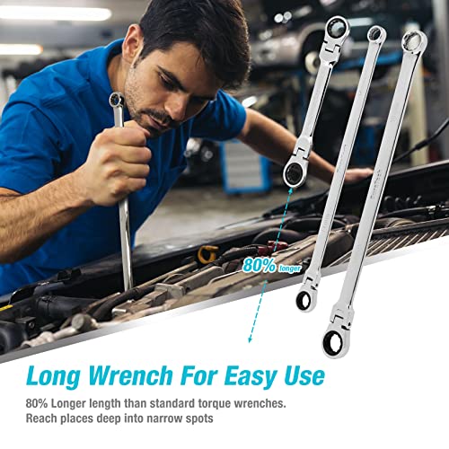 Duratech 27Pcs Extra Long Flex Head Ratcheting Wrench Set, 8-22Mm, Double Box End Ratchet Wrench Set With E-Type 8-22Mm Replacement Heads, 10X19Mm, 1/4", 3/8", 1/2" Socket Adapters #TOP6