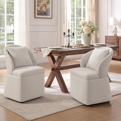 BedsPick Modern Rolling Dining Chairs Set of 2 with Storage Space, Upholstered Dining Room Chairs with 4 Casters, FSC Certified Armless Kitchen Chair for Dining Room and Kitchen, Flax Beige