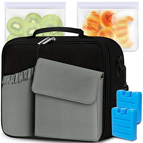 Torryza Kids Lunch Box,Expandable Lunch Box For Men/Girls/Boys,Insulated Lunch Bag For Kids,Double Insulated With 2 Reusable Storage Bags & 2 Ice Packs,Lunch Tote Bag For Office/Picnic-Grey&Black #TOP3