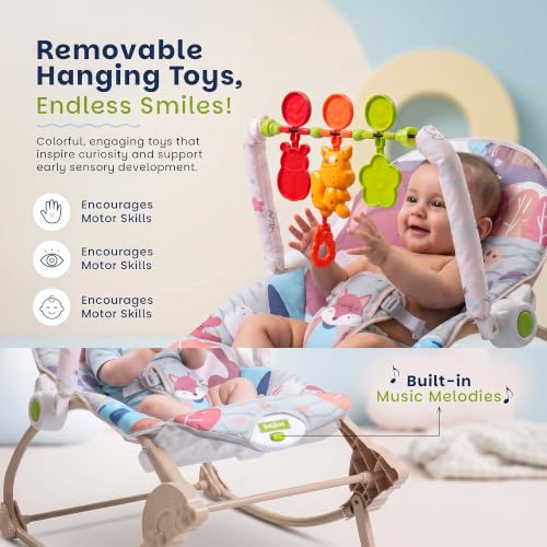 Image of Baybee 2 in 1 Baby Rocker & Bouncer, 3-Position Recline, Soothing Music, Removable Hanging Toys, Soft Cushioned Seat & Safety Harness, Rocking Chair for Newborn 0-3 Years (Grey)