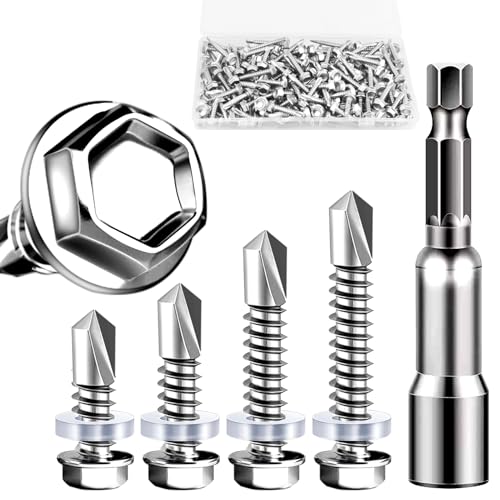 121 Stück Selbstschneidende Schrauben Set M4.8 * 16/19/25/32mm Trapezblechschrauben Silber Spenglerschrauben Bohrschrauben Edelstahl für Stahl Blechdach