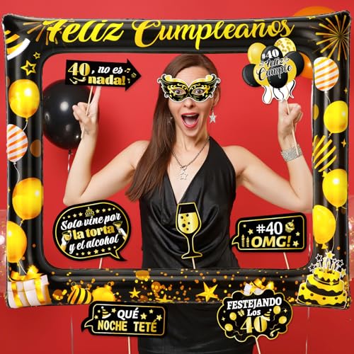 Miniatura 7 de Howaf Photocall Feliz 40 Cumpleaños 28pcs Accesorios Photocall 40 Años Foto Props Marco De Fotos Hinchable Fotocoll De Cumpleaños Para Fiesta De Decoracion Oro Negro