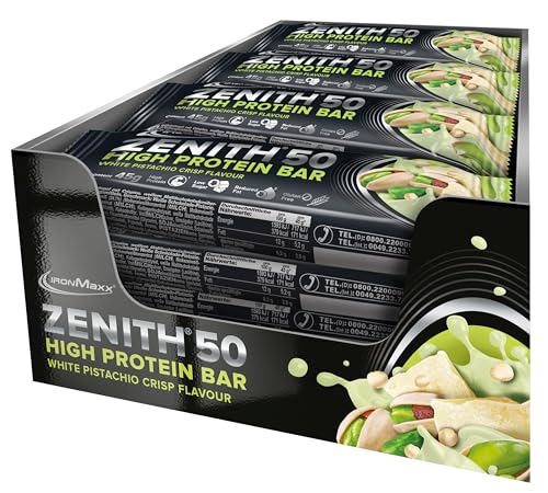 IronMaxx Zenith 50 High Protein Bar - White Pistachio Crisp - 16x45g | Eiweißriegel mit 50% Protein | Low Sugar Snack mit cremiger Umhüllung | High Proteinriegel für Muskelaufbau, Diät & Fitness