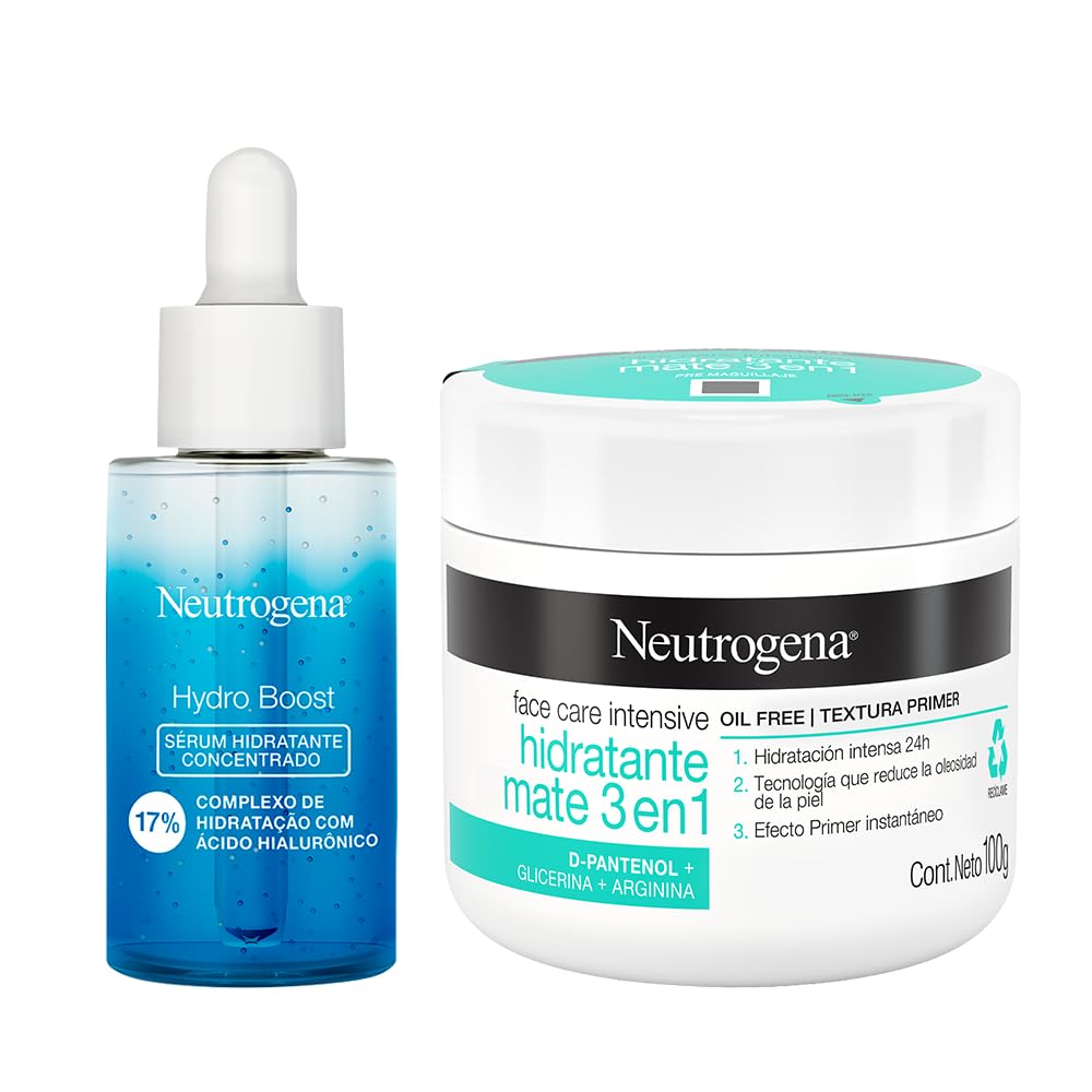 Neutrogena. Serum Hidratante Concentrado facial Hydro Boost Ácido Hialurónico 30 ml + Crema hidratante Facial Mate 3 en 1 Face Care Intensive D Pantenol 100 g