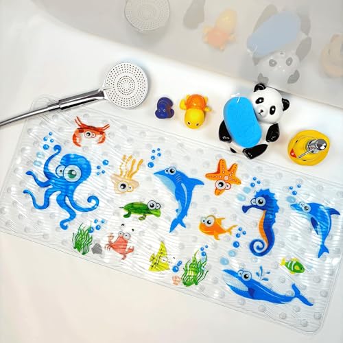 BEEHOMEE Duschmatte rutschfest für Kinder, Badewannenmatte und Badezimmermatte|Zeichentrick-Design Duscheinlage | 89 x 40 cm（Blauer Kraken）