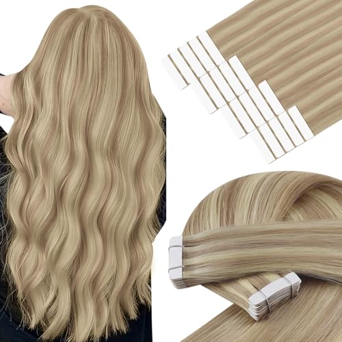 Image of YoungSee Human Hair Tape in Extensions 24 Inch, Tape in Extensions Golden Blonde Highlight Light Blonde, Long Length, Straight Texture, Tape Hair Extension, 20pcs 50g, for Wedding