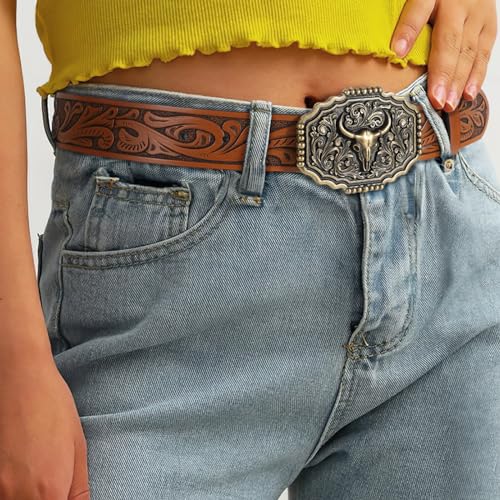 Western Belts for Woman Men, Cowboy Cowgirl Belt Embossed Western Country Bull Buckle Leather Belts for Jeans3