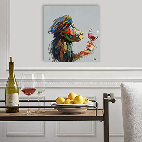 Yidepot Monkey Wall Art Canvas Thinking: Handpainted Monkey Painting On Canvas Drinking Wall Decor For Living Room Office Framed Ready To Hang (12"X12"X1 Panel) #TOP2