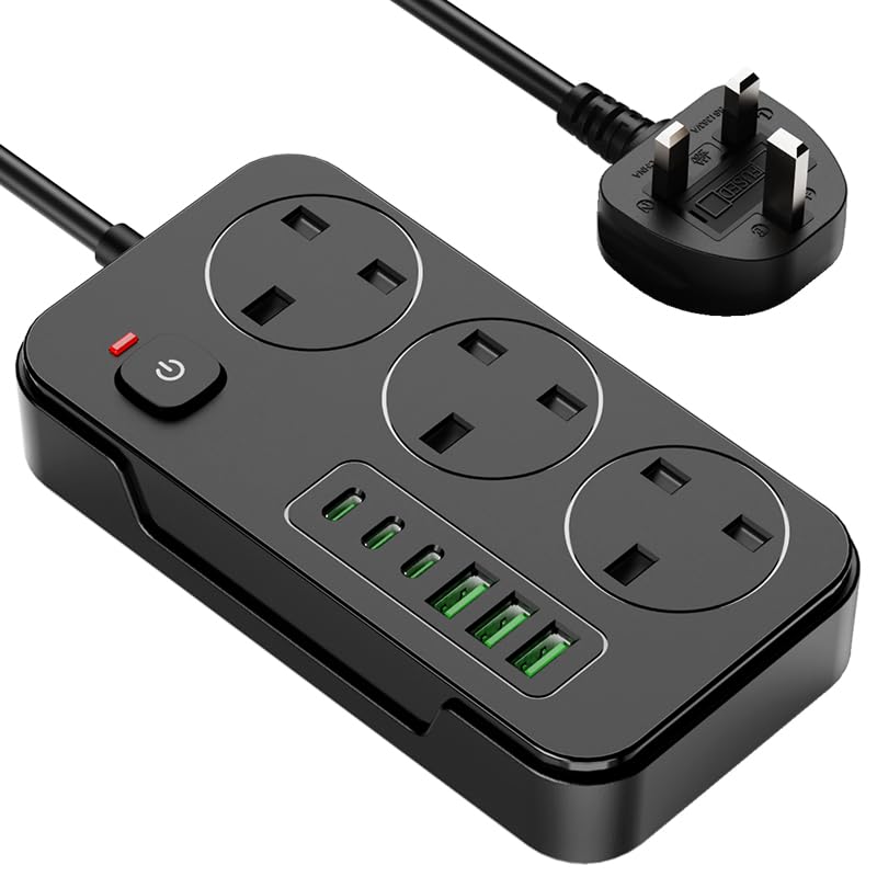 9-in-1 Surge Protector Power Board, 3 AC Sockets and 6 USB Ports, 3250W, 13A, Overload Protection, Portable, White, for Home, Kitchen or Office