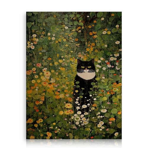 Dazzlewall Arte de Pared Retro de Gato Floral, Gato Blanco y Negro entre Flores Estilo Klimt para Decoración de Sala de Estar, 12x16 Pulgadas Sin Enmarcar