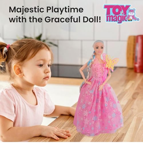 ToyMagic Dolls Princess Suit | Gorgeous Pink Gown, Multicolor Braided Hair & Butterfly Clip | Fully Movable Body for Creative Play | for Kids Age 3+ | Imagination-Boosting Royal Roleplay Toy - Image 2 thumbnail