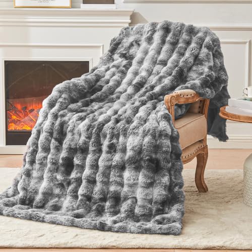 Image of EMME Faux Rabbit Fur Bubble Queen Blanket, Tie Dye Grey 90 inch x 90 inch