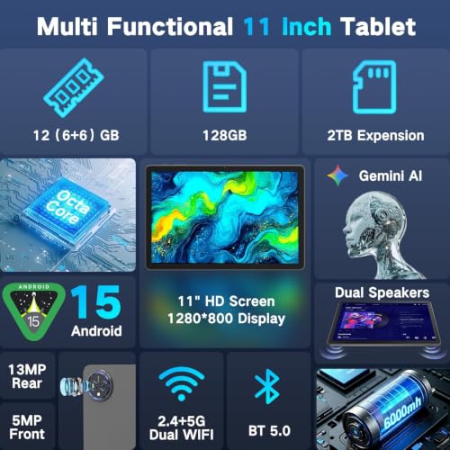 Image of JUNYANG Tablet 11 Inch, Android 15 with Keyboard /Case /Mouse, 12GB ROM 128GB