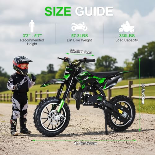 Image of Kids Dirt Bike, 50cc / Gas Powered Dirt Bike for Kids 8-14, 2-Stroke Mini Dirt Bike, Pull Start Motorcycle, 10-Inch Off Road Tires, Disc Brakes, 25 MPH, 330 lb Max Load