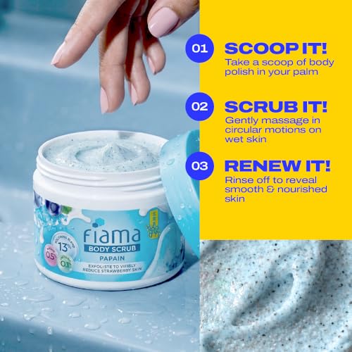 Image of Fiama Strawberry Skin Exfoliating Body Scrub 200g, 0.5% Papain Enzyme + 0.1% Caffeine, Chemical + Physical Exfoliation, 13% Polishing Blend, Reduces Keratosis Pilaris, Refreshing Aqua Fragrance