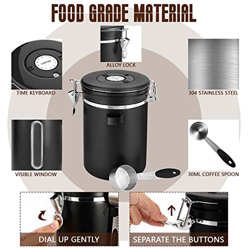 Foto von Royouzi Kaffeedosen, Kaffeedose Luftdicht, 1.8L/1800ML Kaffeebehälter Edelstahl, Kaffeebohnen Behälter mit Schaufel, Vakuum Kaffee Kaffeebohnen Aufbewahrung Vorratsdose - Schwarz