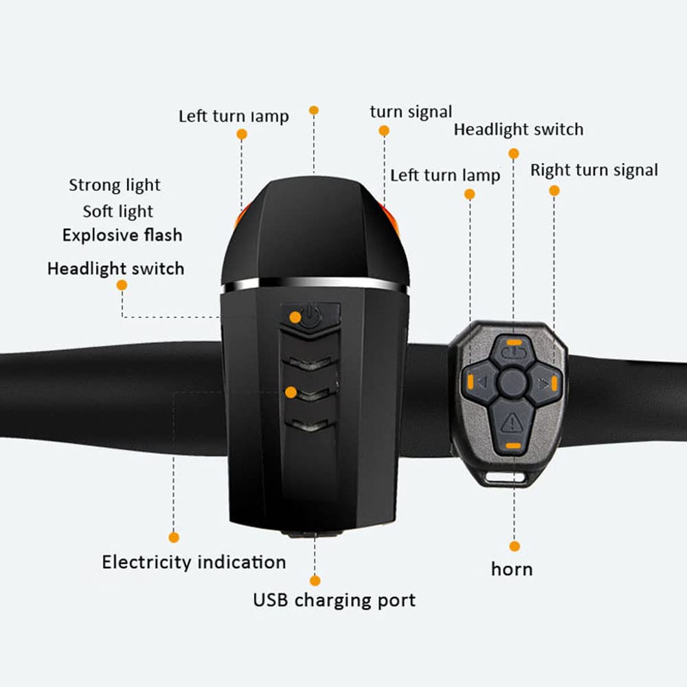 Faro Anteriore per Bicicletta a LED Nero Ricaricabile Tramite USB, con Telecomando, indicatori di direzione e clacson. Accessori per Ciclismo.