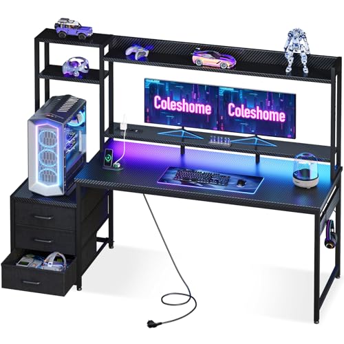 Coleshome Gaming Tisch mit Regal und Schubladen,161×48cm Gaming Schreibtisch mit LED-Beleuchtung & Steckdose, Computertisch mit Ablageflächen & Monitorständer, Carbon Fiber Schwarz