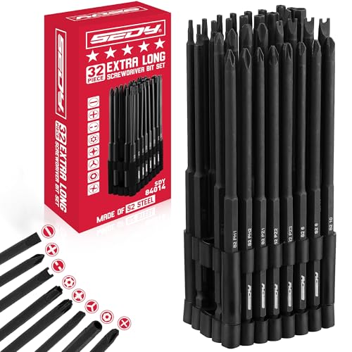 Extra Long Security Bit Set: 32-Piece S2 Steel Screwdriver Drill Bits for Tamper-Proof Screws 6 Torx PoziDriv Spanner Tri-Wing - Universal 1/4 Hex Shank for Electric Impact Drills