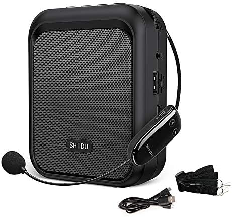 SHIDU Mini Voice Amplifier Portable Bluetooth Speaker with UHF Wireless Microphone Headset 10W 1800mAh PA System Supports MP3 Format Audio for Teachers, Coaches, Training, Tour Guide.