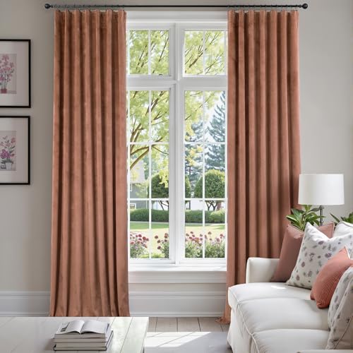 Image of Pitalk 96 Inch Cinnamon Velvet Blackout Curtains Chic Modern Farmhouse Vintage Luxury Back Tab Pleated Thermal Insulated Light Blocking Velvet Drapes for Bedroom Living Room Wide 52x96 in Long 2 Panel