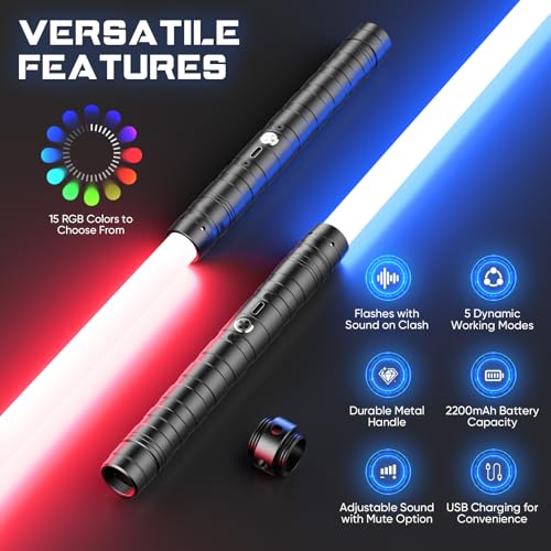 2-in-1 Lichtschwert,Laserschwert Kinder,15 Farben, Duell Lightsaber für 5 Modi und Sounds,Metallgriff, doppelseitige Klinge FX-Lichtschwerter für Kinder und Erwachsene