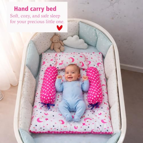 Image of Infantbond Designer Mattress with Net | Baby Sleeping Bag | 4 Pcs Bedding | 1 Nest (0-6 Months) (Moon Pink)