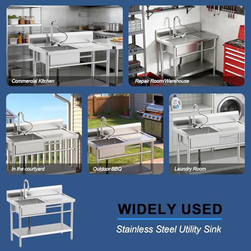 Image of Stainless Steel Utility Sink Freestanding Single Bowl Laundry Sink with 360 Swivel Pull-Out Sprayer Faucet, Hot and Cold Water Plumbing Workbench for Laundry Room Farmhouse