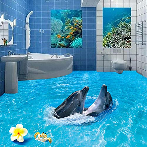 CWLYXT Papel tapiz fotográfico personalizado 3D Ocean Wave Beach Dos delfines Sala de estar Dormitorio Baño Etiqueta de piso PVC Papel tapiz autoadhesivo-150 * 105cm
