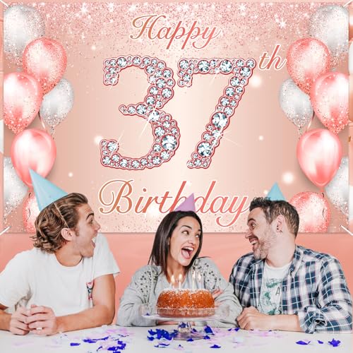 Image of Happy 37th Birthday Rose Gold Banner Cheers to 37 Years Old Backdrop Confetti Balloons Theme Decor for Women 37 Years Old Pink Birthday Party Decorations Bday Supplies Background Favors Gift Glitter