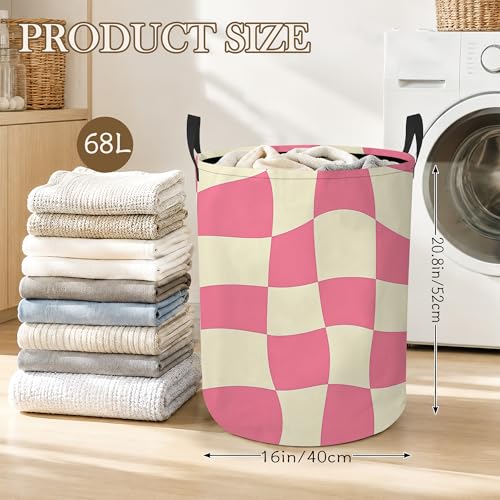 Image of Abstract Chessboard Laundry Basket, Foldable Oxford Cloth Pink Checkerboard Laundry Hamper with Handles, Tote Bag Clothes Storage Bucket for Laundry Room /Bathroom /Bedroom /Dormitories 20.8 inchx16 inch
