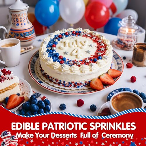 Image of Edible Patriotic Sprinkles,July 4th Blue Red and Silver Pearl Sprinkle Mix for USA Baking Decorations,130g,Edible Sugar Pearls for Captain Cake Decorating,Cookies,Ice Cream,Fondant Cake,Cupcakes,Desserts,Flag Day,Independence Day,4th of July Party Supplies