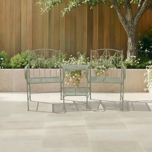 CHARLES BENTLEY Garden Companion Seat, Sage Green, Rustic Metal, Leaf Design, 2-Seater with Central Table, Lightweight, Weather Resistant, Outdoor, Patio, Balcony, Decorative Seating (156x66cm)