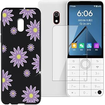 for Duoqin F22 Pro 3.54" Phone Case + Screen Protector, Shockproof Cover Bumper Slim Soft Silicone TPU Anti-Scratch Case + Tempered Glass - Small Purple Flowers
