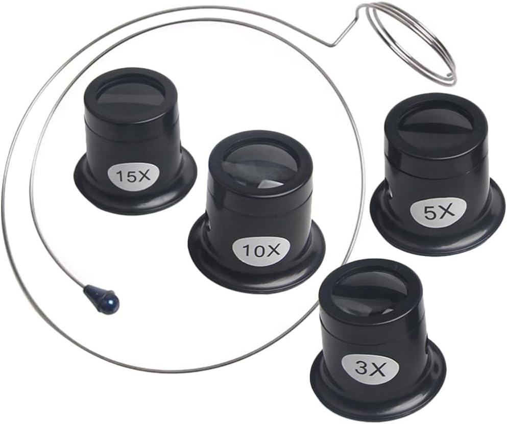Angoily Jewelers Loupe, 3, 5, 10, 15 X Magnifying Glass, Hands Free Eye Clip Monocle for Watch Repair, Jewelry Loops Magnifier for Coins Gems Stamps & Circuit Board Inspection, Watchmaker Tool