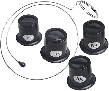 Angoily Jewelers Loupe, 3, 5, 10, 15 X Magnifying Glass, Hands Free Eye Clip Monocle for Watch Repair, Jewelry Loops Magnifier for Coins Gems Stamps & Circuit Board Inspection, Watchmaker Tool