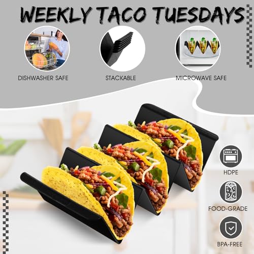 Baderke Mexico Taco Holder Stands Set of 6 Black Large Tray Plates Plastics Holder for Taco Night Tuesday Carnival Party Supplies, Dishwasher Microwave Safe - Thumbnail 4