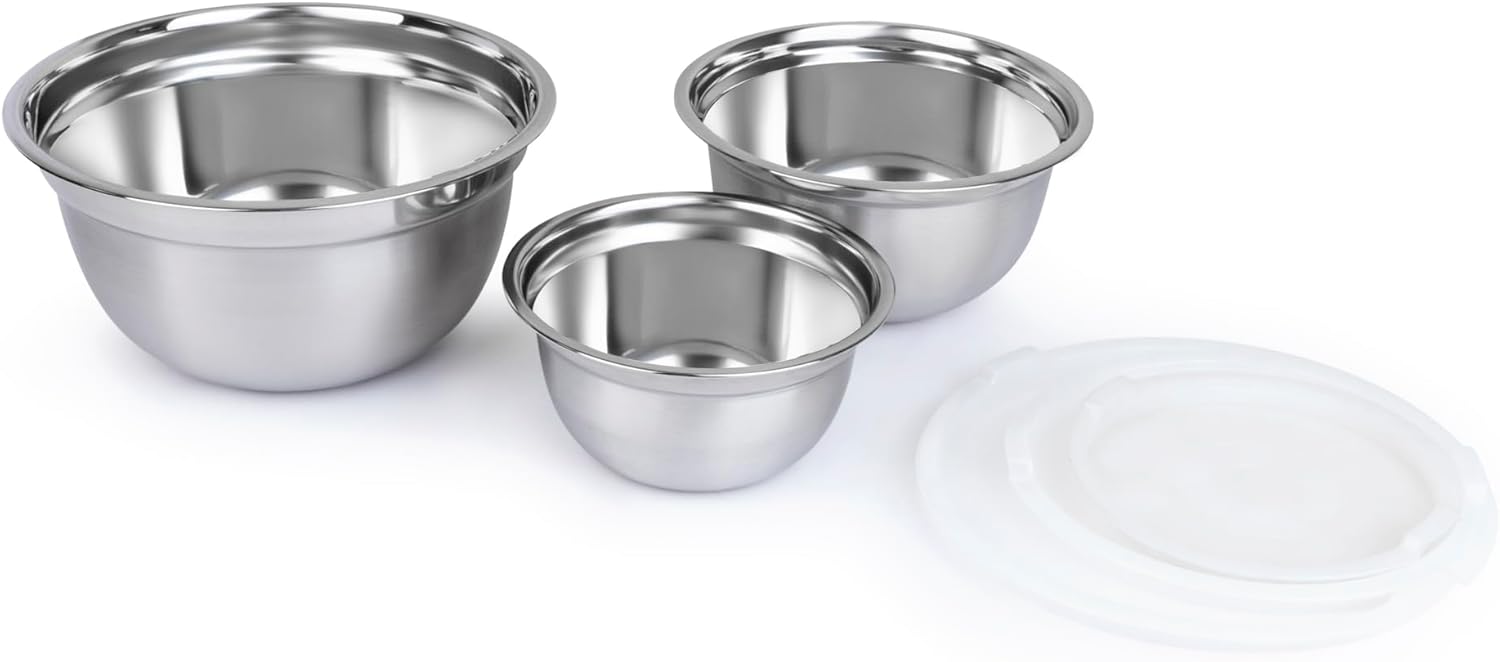3-Piece Stainless Steel Mixing Bowl Set with Lids – Durable Bowls Dishwasher Safe, Silver