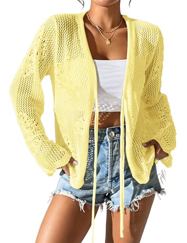 Image of Womens Tie Front Lightweight Crochet Cardigan Shrugs Knit Cardigan Crop Tops Cover Up