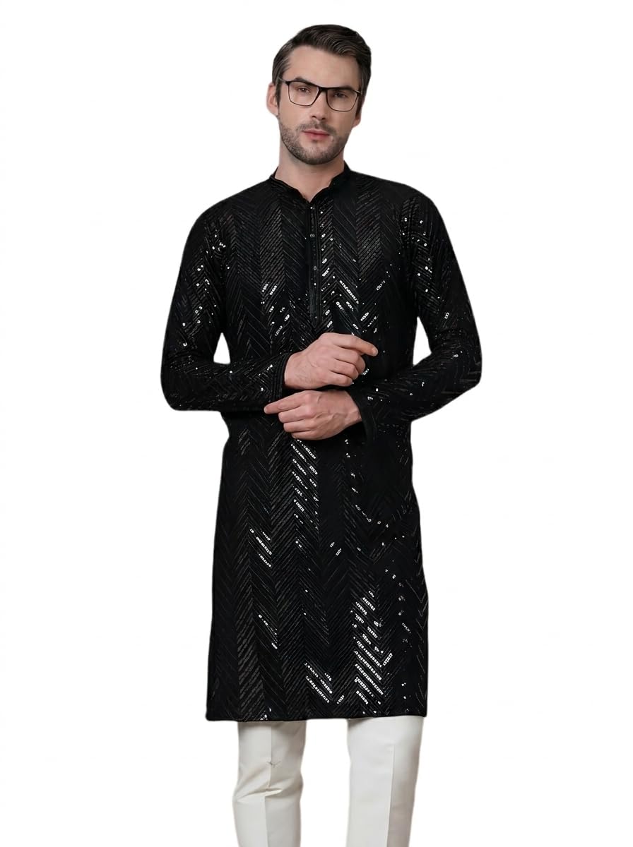 adhirajan Men's Cotton Blend Regular Fit Sequince Embroidered Kurta with Elegant Design | Stylish Comfortable Outfit for Weddings, Parties, Casual Outings, Traditional, Family Functions, Festivals-picture-4