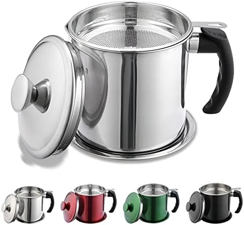 Kyraton Bacon Grease Container with Strainer, 1.4L Stainless Steel Oil Container, Pot Fat Storage with Lid, Easy Grip Handle Suitable for Storing Frying Oil and Cooking Grease