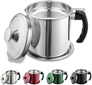 Kyraton Bacon Grease Container with Strainer, 1.4L Stainless Steel Oil Container, Pot Fat Storage with Lid, Easy Grip Handle Suitable for Storing Frying Oil and Cooking Grease