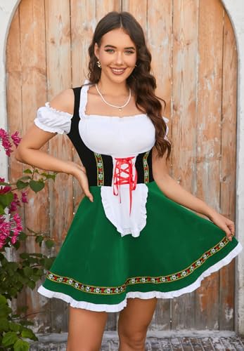 Molirex Oktoberfest Outfits Women, Velvet Dirndl Dresses One Piece German Dress Bavarian Carnival Costumes Green Large - Thumbnail 2
