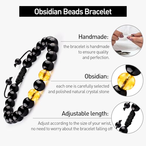Leather Bracelets for Men Natural Tiger Eye Black Obsidian Healing Crystal Beaded Bracelets Set Birthday Christmas Anniversary Gifts for Dad Son Grandson Man Boyfriend Brother4